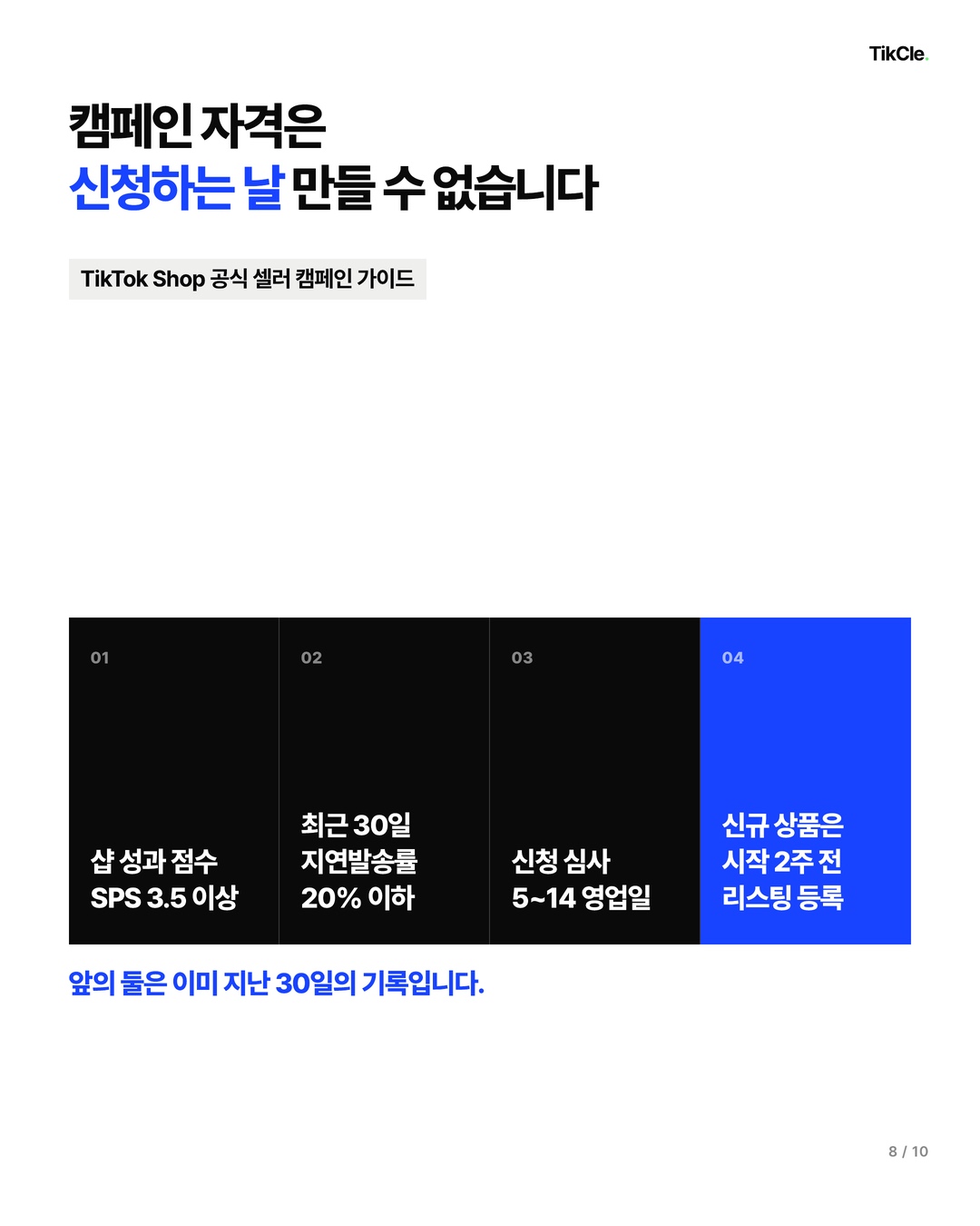 틱톡샵 캠페인 참가 자격은 SPS 3.5와 최근 30일 지연발송률 20퍼센트 이하를 요구해 신청일에 만들 수 없습니다
